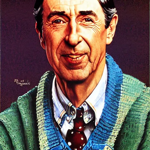 Prompt: norman rockwell painting of mr. rodgers wearing a blue cardigan