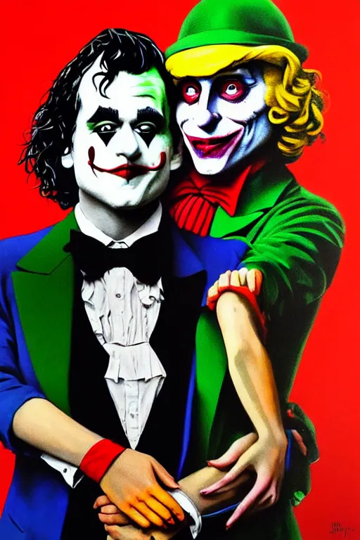 Image similar to ilya yefimovich repin and mimmo rottela and banksy as joaquin phoenix skinny joker, holding hand, lady gaga harley queen, ultra photorealistic, intricate details, pop art style, concept art, confident posse, random object details, 3 colours, warm color, 4 k, ultra smooth, sharp focus