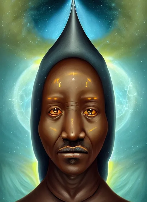 Prompt: matte symmetrical portrait of a wizard of the xhosa tribe revealing the ancient secret of how life entered the cosmos, noble bearing. by hieronymus bosch, cyril rolando, esher and natalie shau, whimsical, profound, impossible. trending on devaintart.