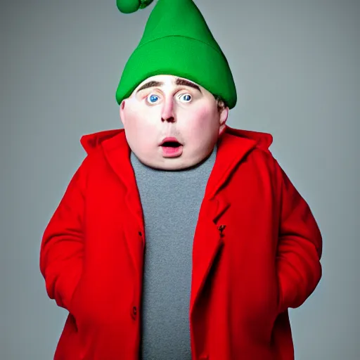 Image similar to a real life photograph of Eric Cartman from South Park. Hyper real, short obese kid with a red coat and a hat, portrait photography, studio lighting