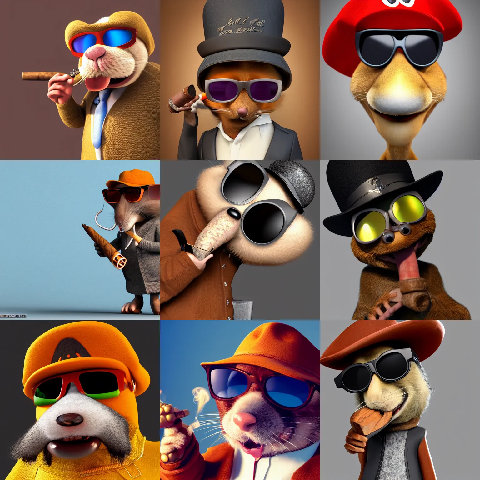Prompt: anthropomorphic gangster rat smoking a huge cigar, wearing sunglasses and a cap, long fur, anthropomorphic rat, detailed, 3d render, 4k, pixar