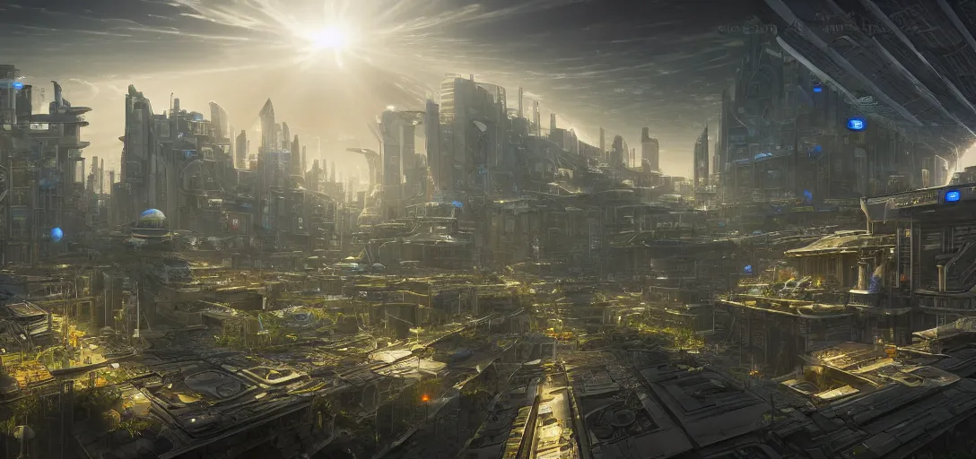 Image similar to ground view of a futuristic solarpunk city, light rays, symmetry, cinematic lighting, ultra detailed, sharp, ambient occlusion, bloom, raytracing, by greg rutowski, sebastian meyer and jordan grimmer