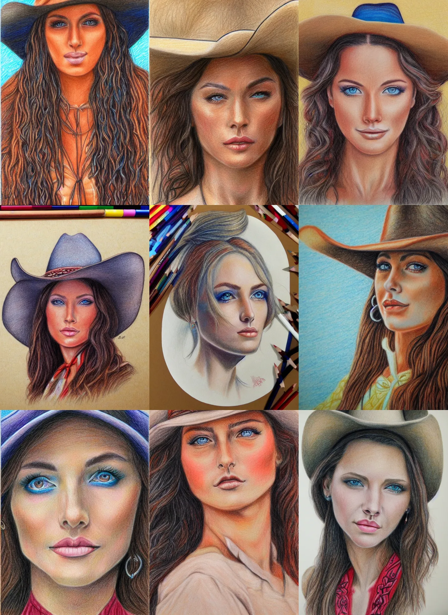 Prompt: detailed colored pencil drawing beautiful cowgirl with a beautiful face