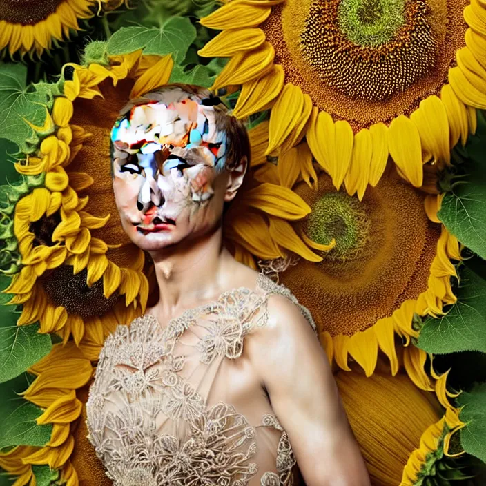 Prompt: photo portrait of Vladimir Putin - sunflowers - dressed in long elegant intricate ornamental ethereal sunflower dress, natural skin tone, highly detailed realistic flowers ornament in the upper side of breast, hair and wrinkles are intricate with highly detailed realistic flowers, elegant, Realistic, Refined, Highly Detailed, natural soft pastel lighting colors scheme, fine art photography by Cecil Beaton, volumetric lighting, hyper realistic photography
