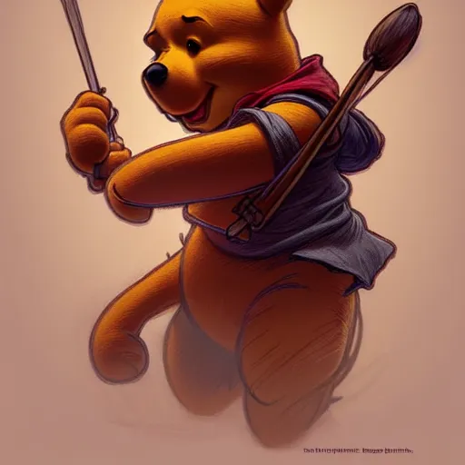 Prompt: Winnie the Pooh as a murderer, D&D style, fantasy, intricate, elegant, highly detailed, digital painting, artstation, concept art, matte, sharp focus, illustration, art by Artgerm and Greg Rutkowski and Alphonse Mucha