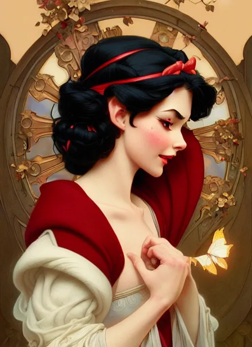 Image similar to disney snow white, intricate, elegant, highly detailed, my rendition, digital painting, artstation, concept art, smooth, sharp focus, illustration, art by artgerm and greg rutkowski and alphonse mucha and uang guangjian and gil elvgren and sachin teng, symmetry!!