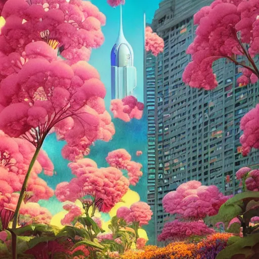 Image similar to a painting of an art deco building surrounded by flowers, a watercolor and matte painting by beeple and rhads and maxfield parrish, cgsociety, artdeco, dystopian art, sci - fi, artstation hq