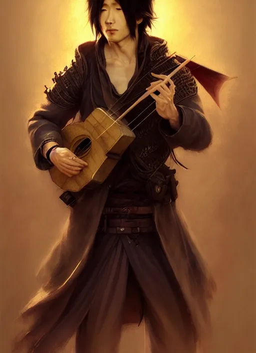 Image similar to modern japanese male bard playing lute, full body, hyper realistic, blade runner, extremely detailed, dnd character art portrait, dark fantasy art, intricate fantasy painting, steampunk, dramatic lighting, vivid colors, deviantart, artstation, by clyde caldwell and krenz cushart and artem demura and john williams waterhouse