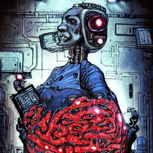 Prompt: cyberpunk doctor dissecting monster brain, blue and red leds, by enki bilal.