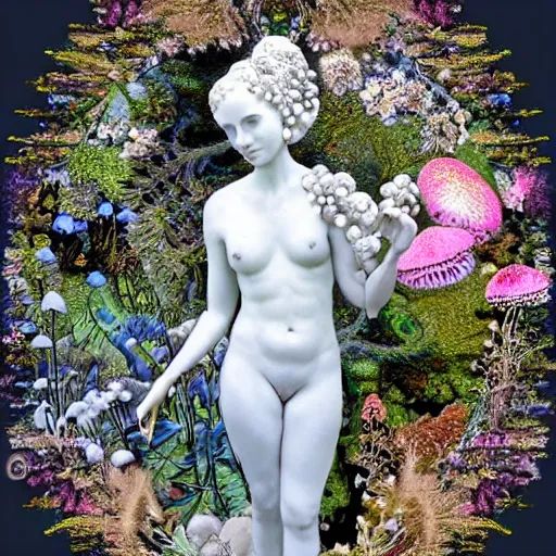 Image similar to a fully dressed idealistic marble statue with beautiful porcelain face with fractal flowery hair in a fractal garden, glowing delicate flower and mushrooms that grow in a dark fatansy forest on the planet pandora,, symmetrical,