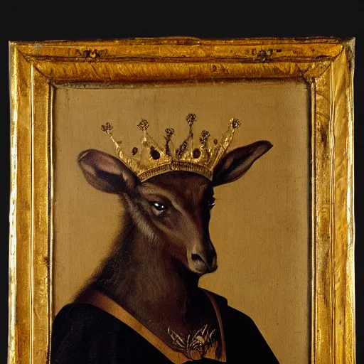 Image similar to renaissance style portrait of an alpine chamois wearing a crown and a cape, dark background