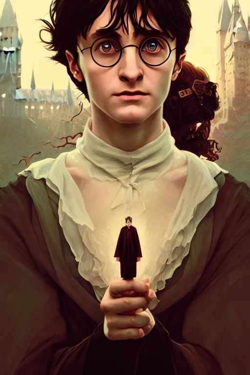 Prompt: a portrait of harry potter, fantasy, sharp focus, intricate, elegant, digital painting, artstation, matte, highly detailed, concept art, illustration, ambient lighting, art by ilya kuvshinov, artgerm, alphonse mucha, and greg rutkowski