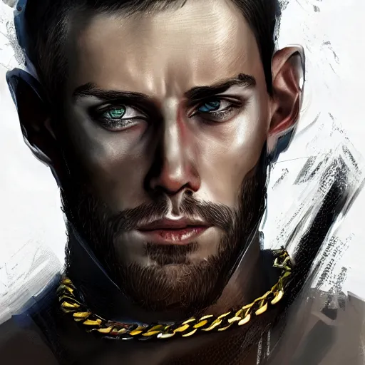 Prompt: realistic portrait, 30 year old man :: athletic, rough, angered :: short black hair, dark taint :: chain mail :: high detail, digital art, RPG, concept art, illustration