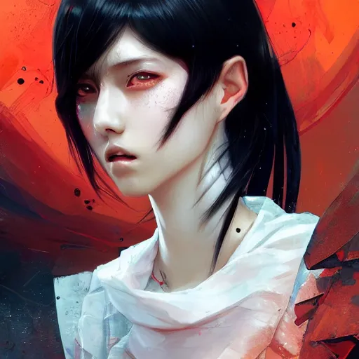 Image similar to a pale skinny white young girl, black hair, the hime cut, 1 8, k - pop fashion, apex legends character, digital illustration portrait design, by android jones and greg rutkowski, retrowave color scheme, detailed, cinematic lighting, wide angle action dynamic portrait