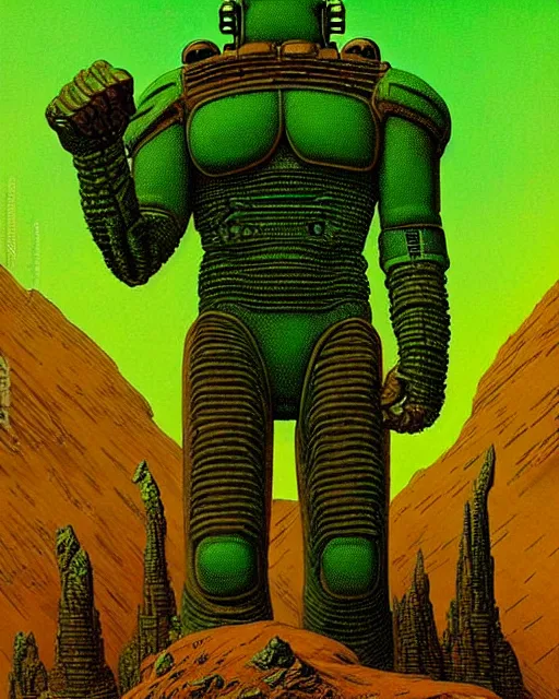 Prompt: portrait giant green humanoid with his fist up, brown armor, background ancient alien landscape, low angle, close up, concept art, intricate details, highly detailed, vintage sci - fi poster, retro future, vintage sci - fi art, in the style of chris foss, rodger dean, moebius, michael whelan, and gustave dore