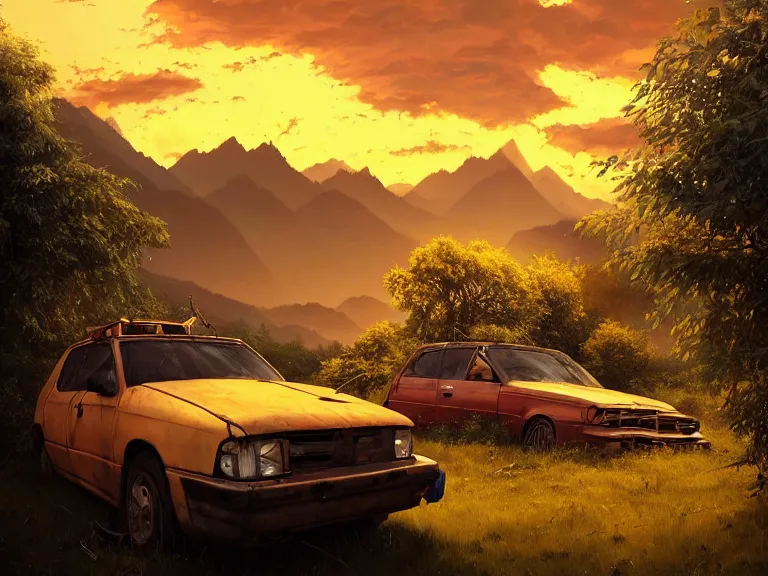 Image similar to low angle shot of tree growing inside scrap car in the foreground. overgrown. soft golden red sunset over the mountains in the background. clouds. detailed leaves. hyperrealistic, highly detailed, cinematic, beautiful, cgsociety, artstation, oil painting by greg rutkowski, by artgerm, by wlop