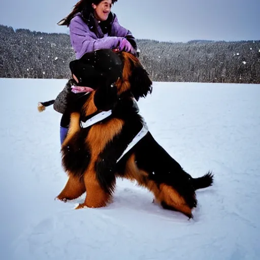 Image similar to girl riding giant Bernese Mountain Dog in the snow, trending on artstation