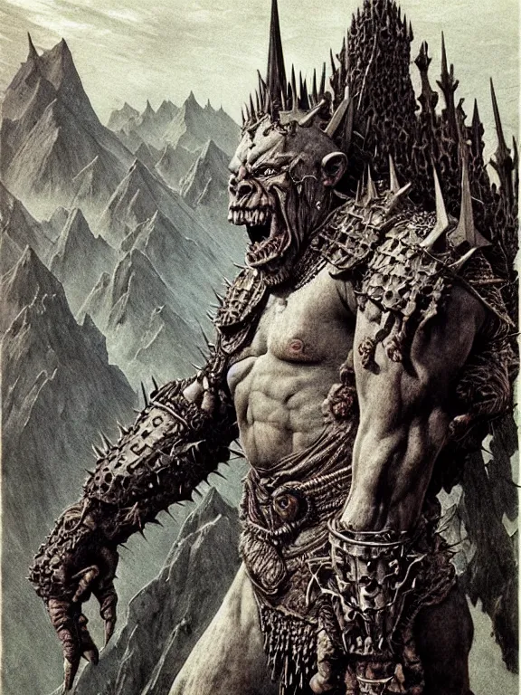 Prompt: a powerful large orc with pale skin covered in scars stands near the mountains, wearing spiky complex detailed armor without a helmet. extremely high detail, realistic, fantasy art, scars, solo, masterpiece, saturated colors, art by zdzisław beksinski, arthur rackham