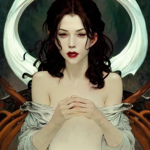 Image similar to portrait of a menacing beautiful vampire, top half of body, by Stanley Artgerm Lau , greg rutkowski, thomas kindkade, alphonse mucha, loish, norman rockwell, J. C. Leyendecker. bright white hair, pale skin, angry complexion, beautiful detailed eyes, black rose frame. D&D, fantasy. Trending on artstation rule of thirds extremely detailed old illustration hd 4k