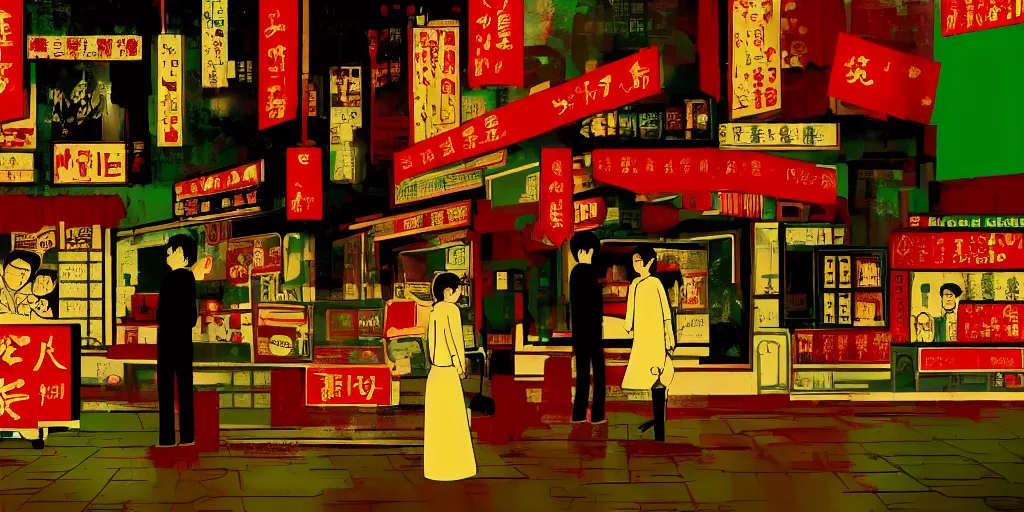 Prompt: style of wong kar - wai and in the mood for love, background in 7 - 1 1 store, background blur, two cartoon sprites talking with each other, cinematic, movie scene, high details, romantic