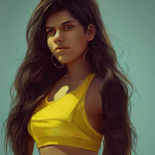 Image similar to young hyderabadi american woman wearing denim short shorts and yellow tank top, highly detailed, artgerm style, artstation, soft light, sharp focus, illustration, character design, concept art