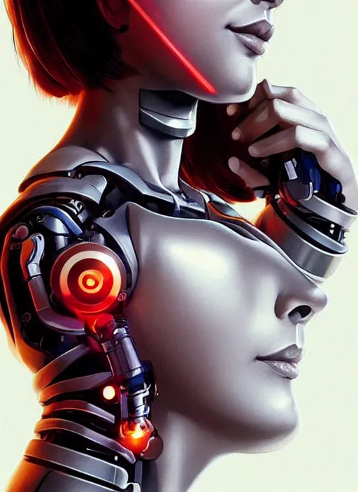 Prompt: portrait of a cyborg woman who turns her head to the (((((right+20))))) left+350 (((((up))))) (((((down))))) by Artgerm,eyes closed , biomechanical, hyper detailled, trending on artstation