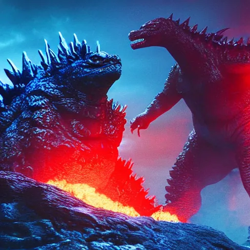 Image similar to godzilla, standing, drooling blue lava, octane render, 3D