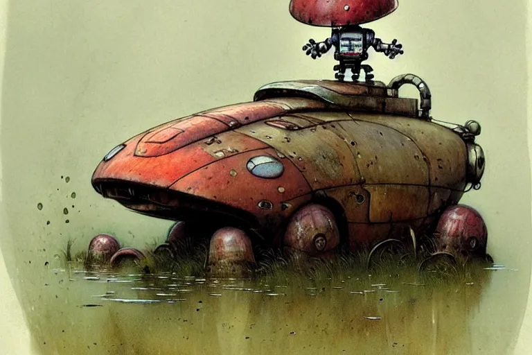 Image similar to adventurer ( ( ( ( ( 1 9 5 0 s retro future robot fat mouse amphibious vehical home. muted colors. swamp mushrooms ) ) ) ) ) by jean baptiste monge!!!!!!!!!!!!!!!!!!!!!!!!! chrome red