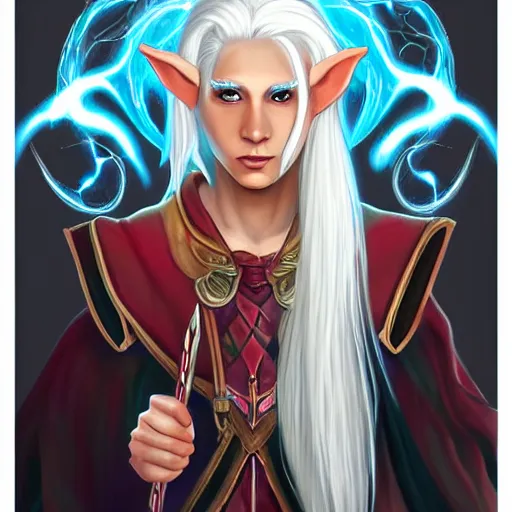 Image similar to Beautiful white haired aged fair skinned scholar elf with spell scroll and lightning background, full body, symmetrical, realism, digital painting, detailed artwork, portrait, mythical, artstation