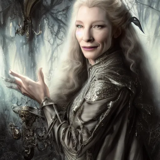 Prompt: portrait of mischievous, baleful Cate Blanchett's Galadriel as a queen of elves, dressed in a beautiful silver dress. The background is a dark, creepy eastern europen forrest. night, horroristic shadows, high contrasts, lumnious, theatrical, character concept art by ruan jia, thomas kinkade, and J.Dickenson, trending on Artstation