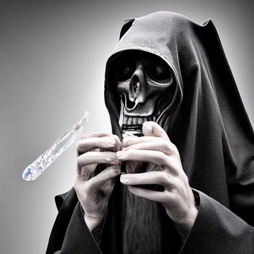 Prompt: a stoned grim reaper exhaling a large hit from his crystal bong, award winning composite photography