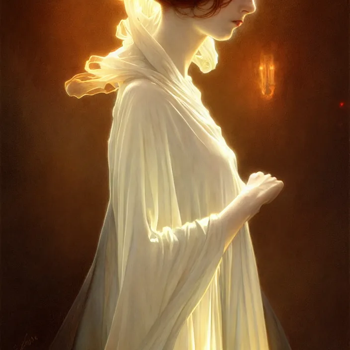 Image similar to translucent ghost, diffuse lighting, fantasy, intricate, elegant, highly detailed, lifelike, photorealistic, digital painting, artstation, illustration, concept art, smooth, sharp focus, art by John Collier and Albert Aublet and Krenz Cushart and Artem Demura and Alphonse Mucha