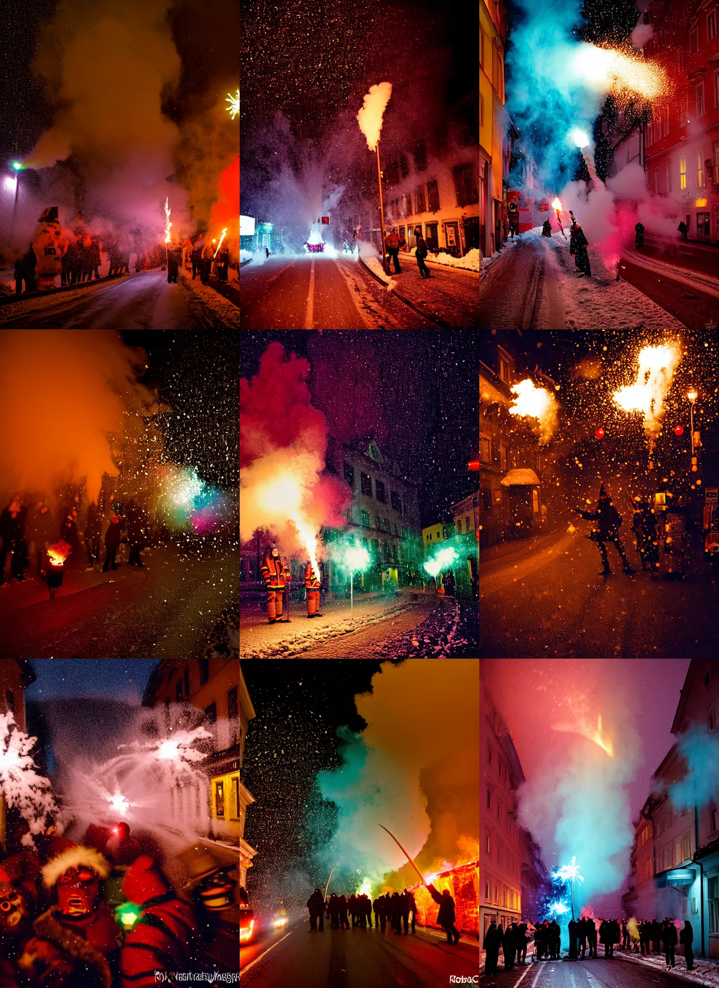 Image similar to kodak portra 4 0 0, winter, snowflakes, rainbow coloured rockets chaos glitter tornados, award winning dynamic photo of a bunch of hazardous krampus between exploding fire barrels by robert capas, motion blur, in a narrow lane in salzburg at night with colourful pyro fireworks and torches, teal lights