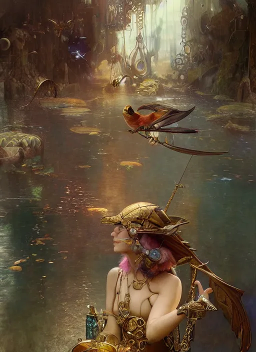 Image similar to hyper realistic fisherman, birds eye view, magical, gems, jewels, gold, steampunk, cyberpunk utopia, painted by tom bagshaw, mucha, gaston bussiere, craig mullins, j. c. leyendecker 8 k