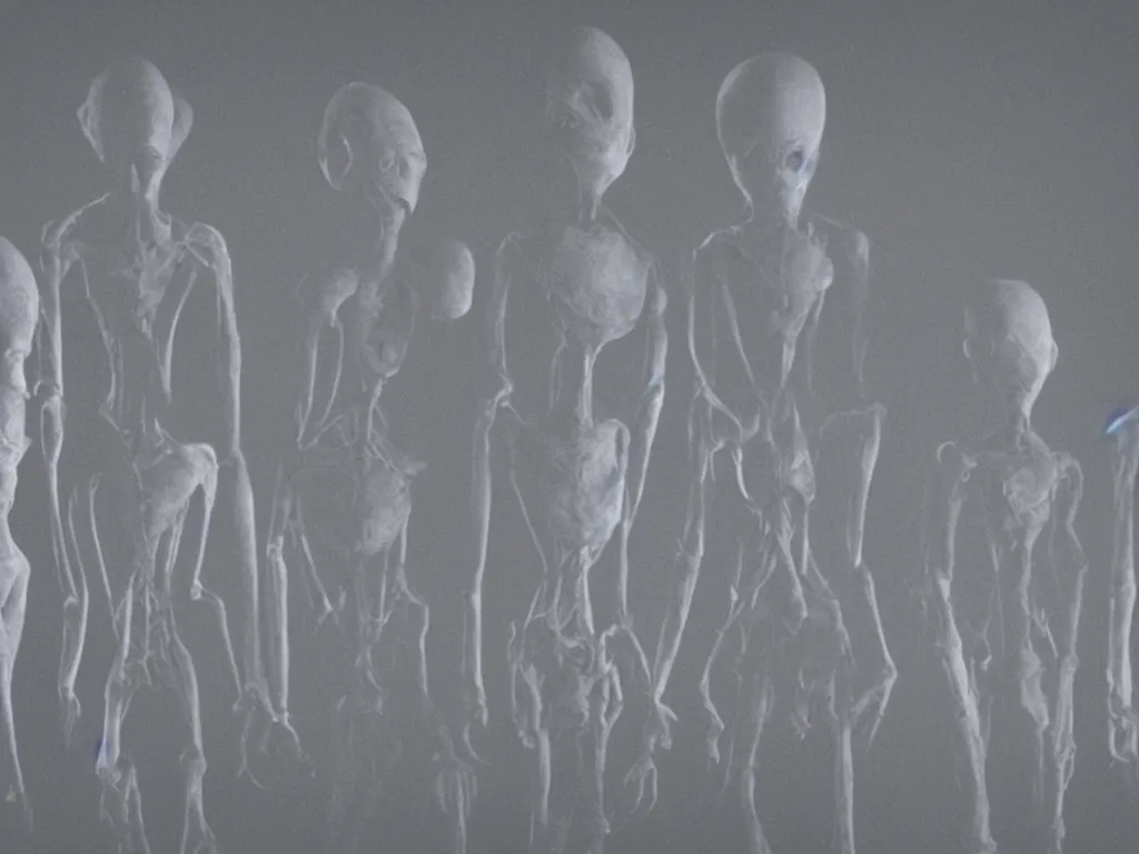 Prompt: three sinister grey aliens standing around my bed at night