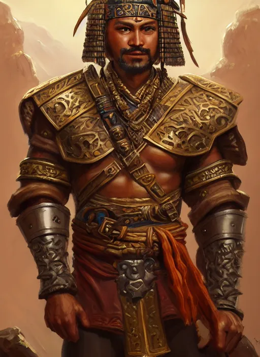 Image similar to smart tai warlord, closeup portrait, smooth - faced, historical hero, ethnic group, tai costume, bronze headdress, intricate, with leather armor cross on bare chest, elegant, loin cloth, highly detailed, oil painting, artstation, concept art, matte, sharp focus, illustration, hearthstone, art by earl norem