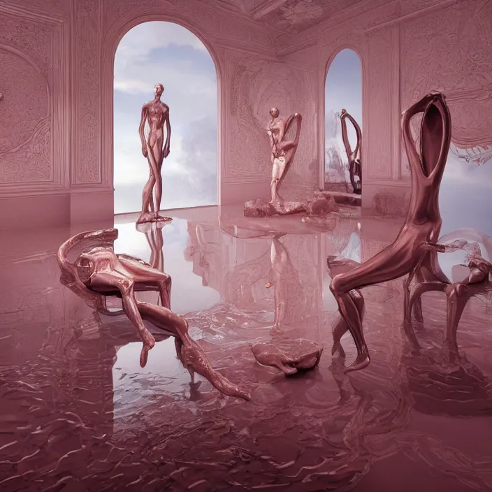 Prompt: hyperrealistic random objects in a surreal minimalistic dreamscape environment by salvador dali, enormous melting mannequin head statue, highly detailed, 3 d render, vray, octane, beautiful lighting, photorealistic, intricate, elegant, wayne barlowe, water, mirrors, doorway, beautiful, masterpiece, trending on artstation, artgerm, checkered floor, pink archway