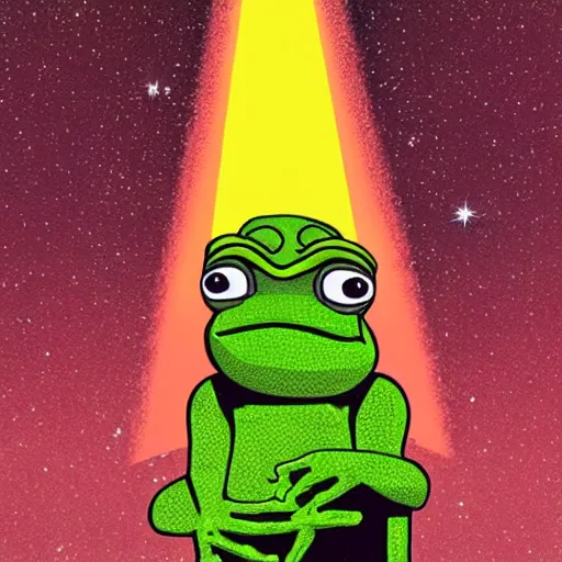 Prompt: ufo abducting pepe the frog in pasture. 1 0 0 0 mm, precisionist, minimalist, studio lighting. commercial quality. sci fi grunge, parts by patrick nagel, parts by virgil finlay