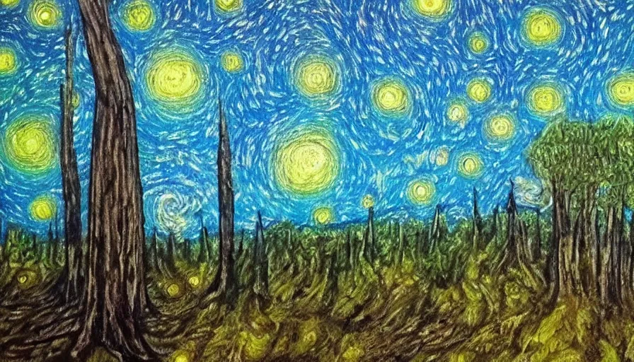 Image similar to Painting of a great forest in style of starry night