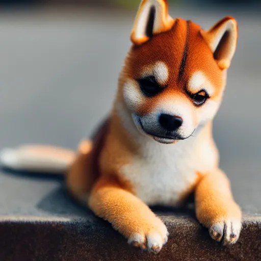 Image similar to close up photo of a tiny shiba inu, cinematic, shallow dof, 3 5 mm, 4 k, macro