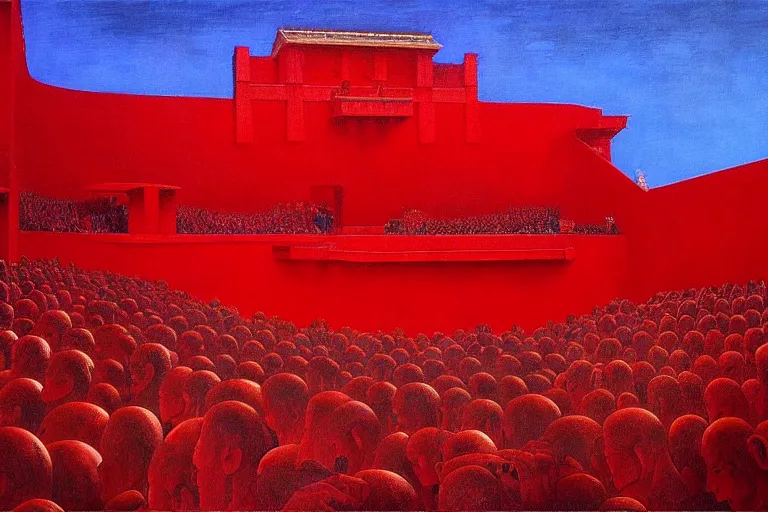 Image similar to only with red, a red great emperor, taormina amphitheatre, crowd with big smile, in the style of beksinski, parts by edward hopper, parts by rodcenko, parts by yue minjun, intricate and epic composition, red by caravaggio, insanely quality, highly detailed, masterpiece, red light, artstation, 4 k