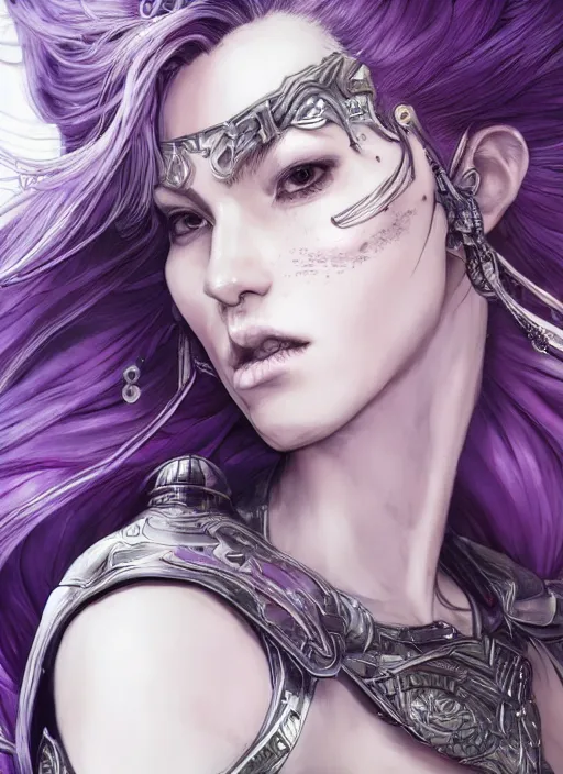 Image similar to close up portrait of a pale woman in amethyst bionic armor with purple hair, powerful, domineering, stoic, masterful, intense, ultrafine hyperdetailed illustration by kim jung gi, irakli nadar, intricate linework, sharp focus, octopath traveler, yoji shinkawa, highly rendered, detailed, concept art