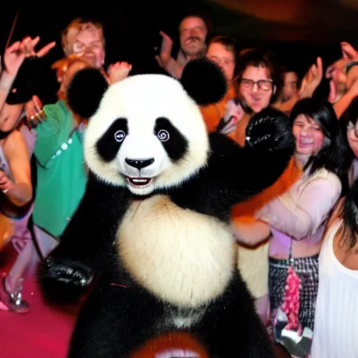 Image similar to panda dancing at an eletronic party