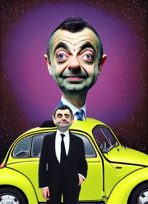 Image similar to hyper detailed 3d render like a Oil painting muted colors - slightly silly portrait of Rowan Atkinson cross eyed as Mr. Bean atop his yellow beetle in Aurora seen tickling of the Strangling network of yellowcake aerochrome and milky Fruit and Her delicate Hands hold of gossamer polyp blossoms bring iridescent fungal flowers whose spores black the foolish stars by Jacek Yerka, Mariusz Lewandowski, Houdini algorithmic generative render, Abstract brush strokes, Masterpiece, Edward Hopper and James Gilleard, Zdzislaw Beksinski, Nicoletta Ceccoli, Wolfgang Lettl, hints of Yayoi Kasuma, octane render, 8k