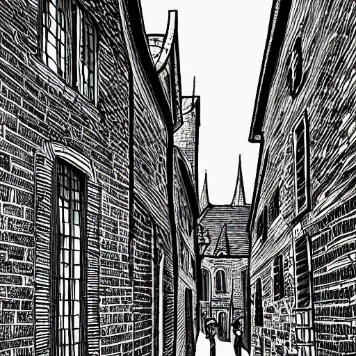 Prompt: a medieval town street, line art, black and white, illustration