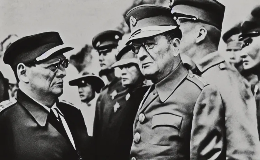 Prompt: 60s movie still of Josip Broz Tito with his general's cap speaking to Mao at a soviet congress, by Irving Penn , kodakchrome, heavy grainy picture, very detailed, high quality, 4k, HD criterion, precise texture