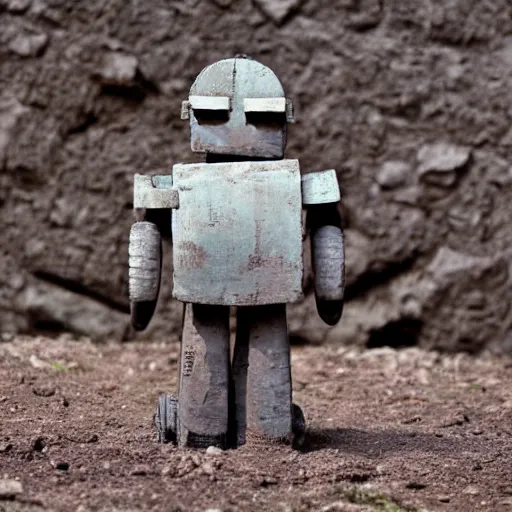 Prompt: ancient robot made of wood and clay. Historic photo from archaeological site 4K