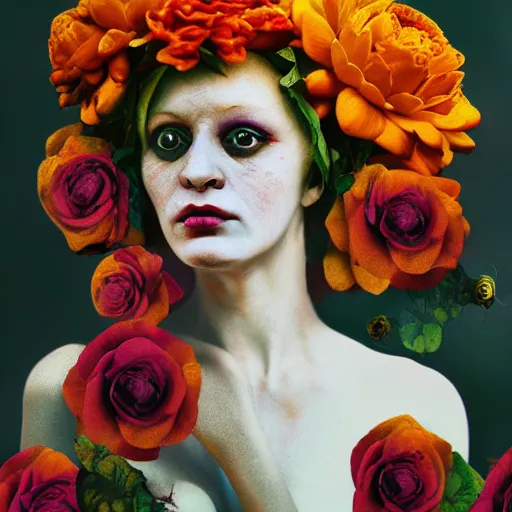 Prompt: realistic expired kodak film portrait of albino india woman tentacled creature mix, marigold, roses, lotus, jamine celestial vibe, hyperrealism, hypermaxiymalism, photorealistic, detailed, atmospheric, 8 k, award winning photography, cinematic