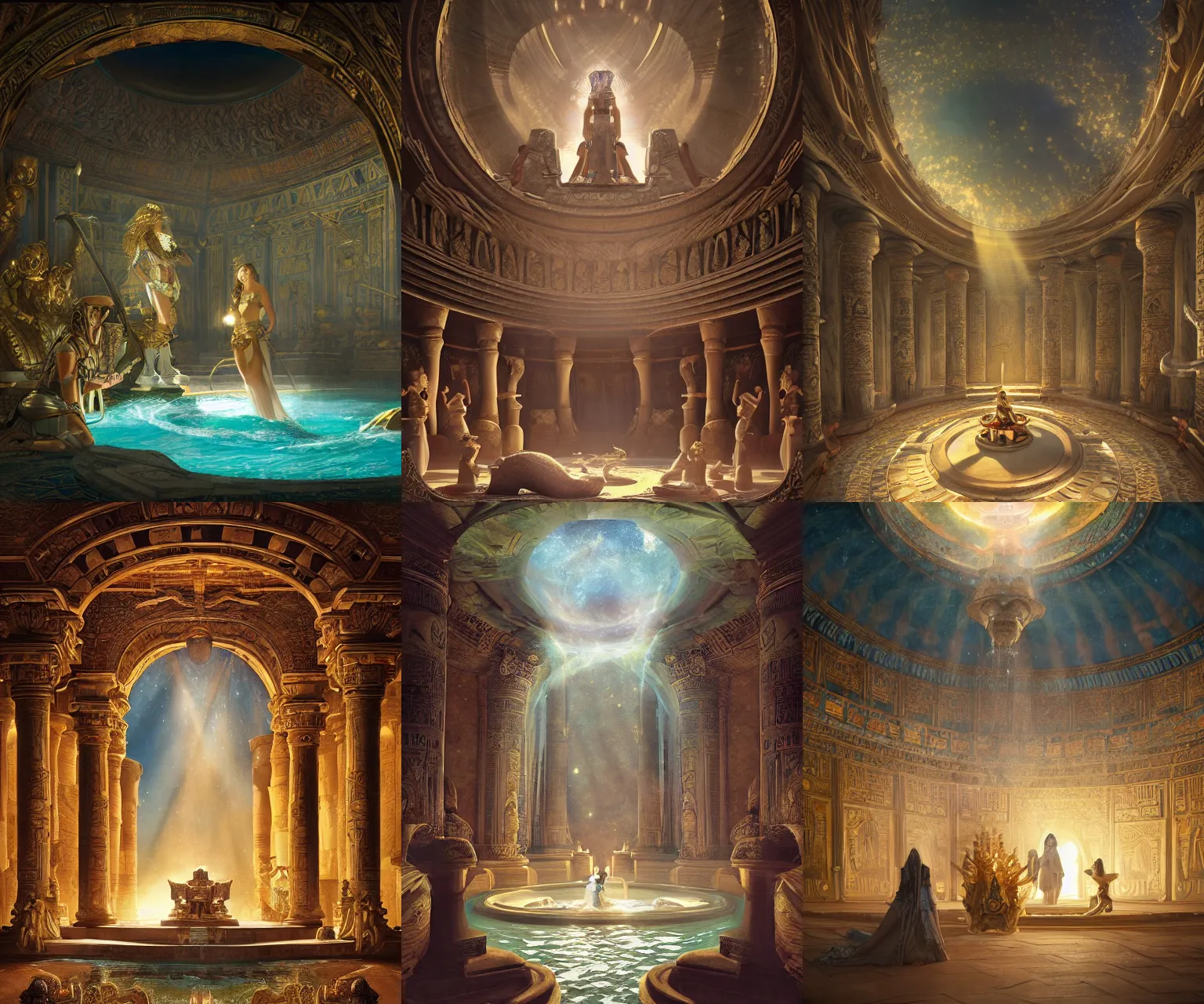 Prompt: fantasy movie scene andreas rocha and canaletto and mucha and noriyoshi ohrai detailed digital art of ornate and royal egyptian antechamber tomb, cleopatra in a circular pool with an erupting galaxy, epic atmosphere, sharp sunray lighting, cinematic lighting, fine details, 4 k, unreal engine, hyperrealism, cinematic composition, blender render, realistic, detailed textures