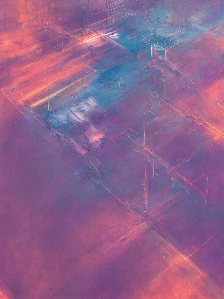 Image similar to a beautiful abstract painting by peter vahlefeld of a drone view of a highway intersection, color bleeding, pixel sorting, copper oxide material, brushstrokes by jeremy mann, zenith lighting, pastel purple background, square shapes